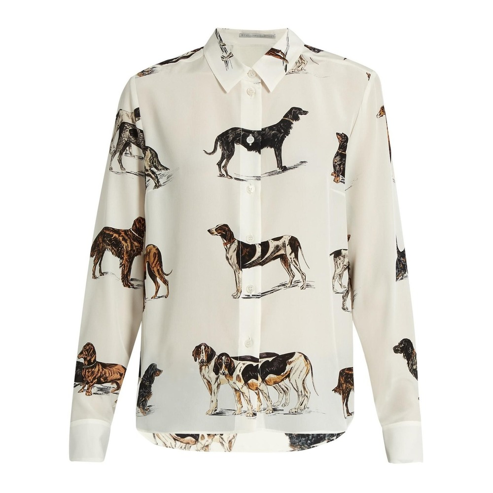 Stella McCartney Silk Dog Print Blouse Cream Button Up Shirt IT 40